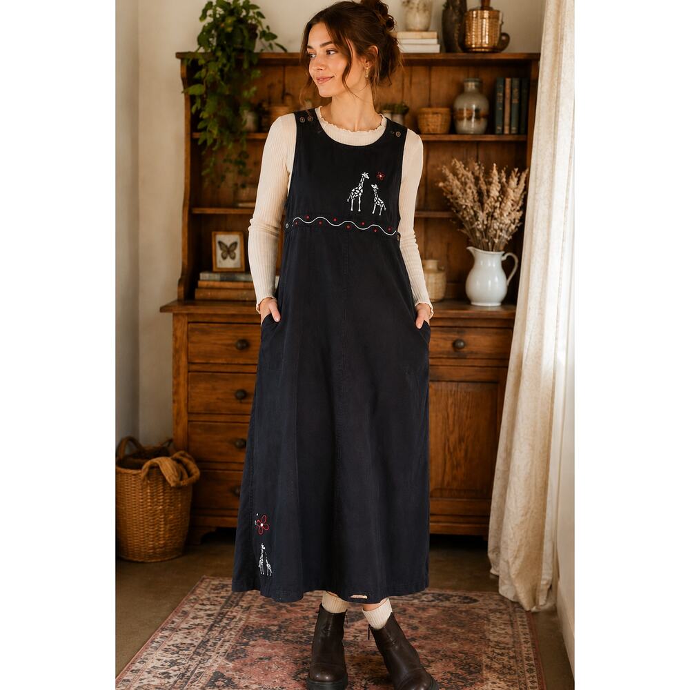 VTG Cottagecore Giraffe Embroidered Pinafore Maxi Dress Prairie Whimsical 2000s